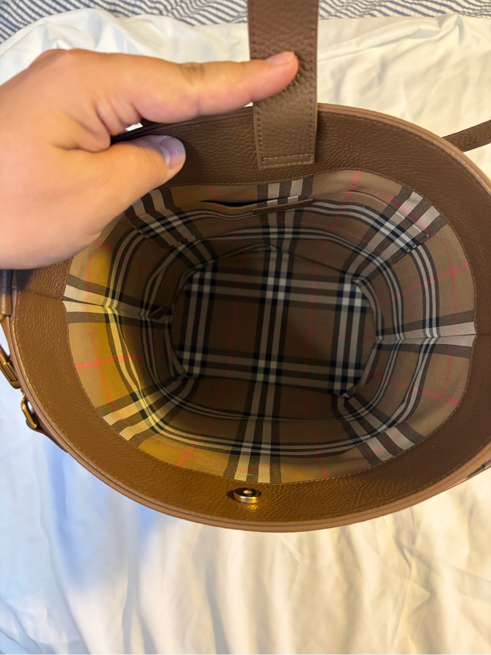 Burberry Chocolate Brown Pebbled Leather Bucket Bag with Check Strap - Picture 6 of 8